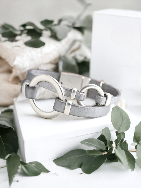 Metallic Grey Leather Bracelet With Silver Hoops