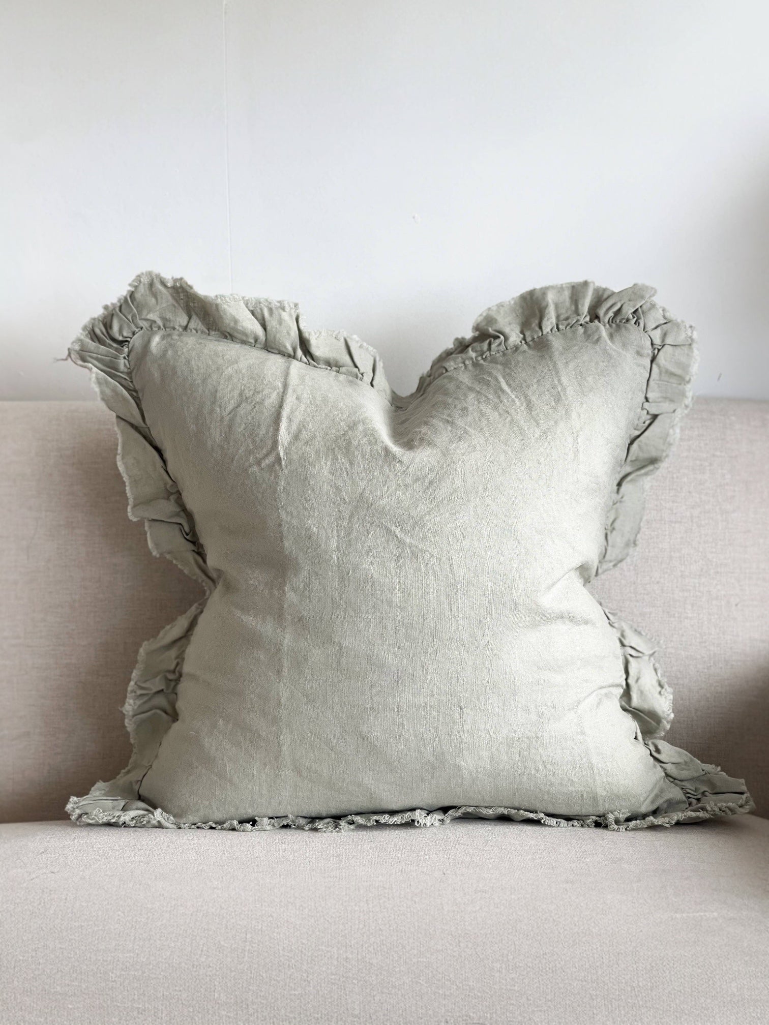 Sage Green Luxury Linen Ruffled Edge Cushion Cover - 55cm x 55cm