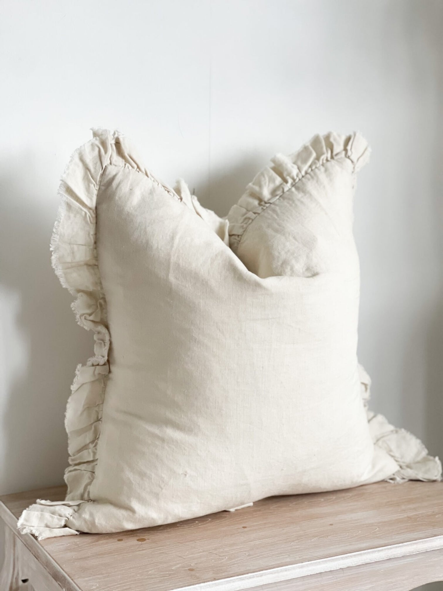 Cream Neutral Luxury Linen Ruffled Edge Cushion Cover - 55cm x 55cm