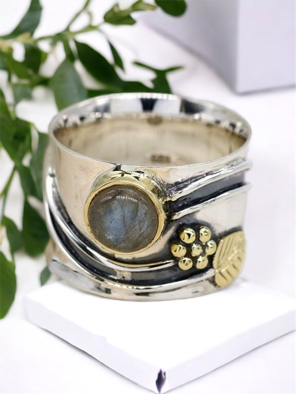 Sterling Sterling Silver Chunky Ring With Brass Detail And Labradorite