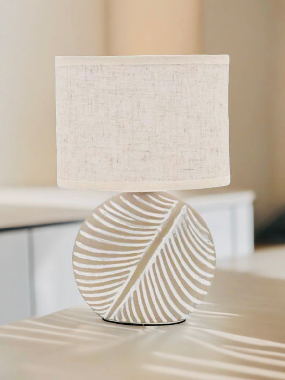 Stone Leaf Table Lamp with Beige Linen Shade